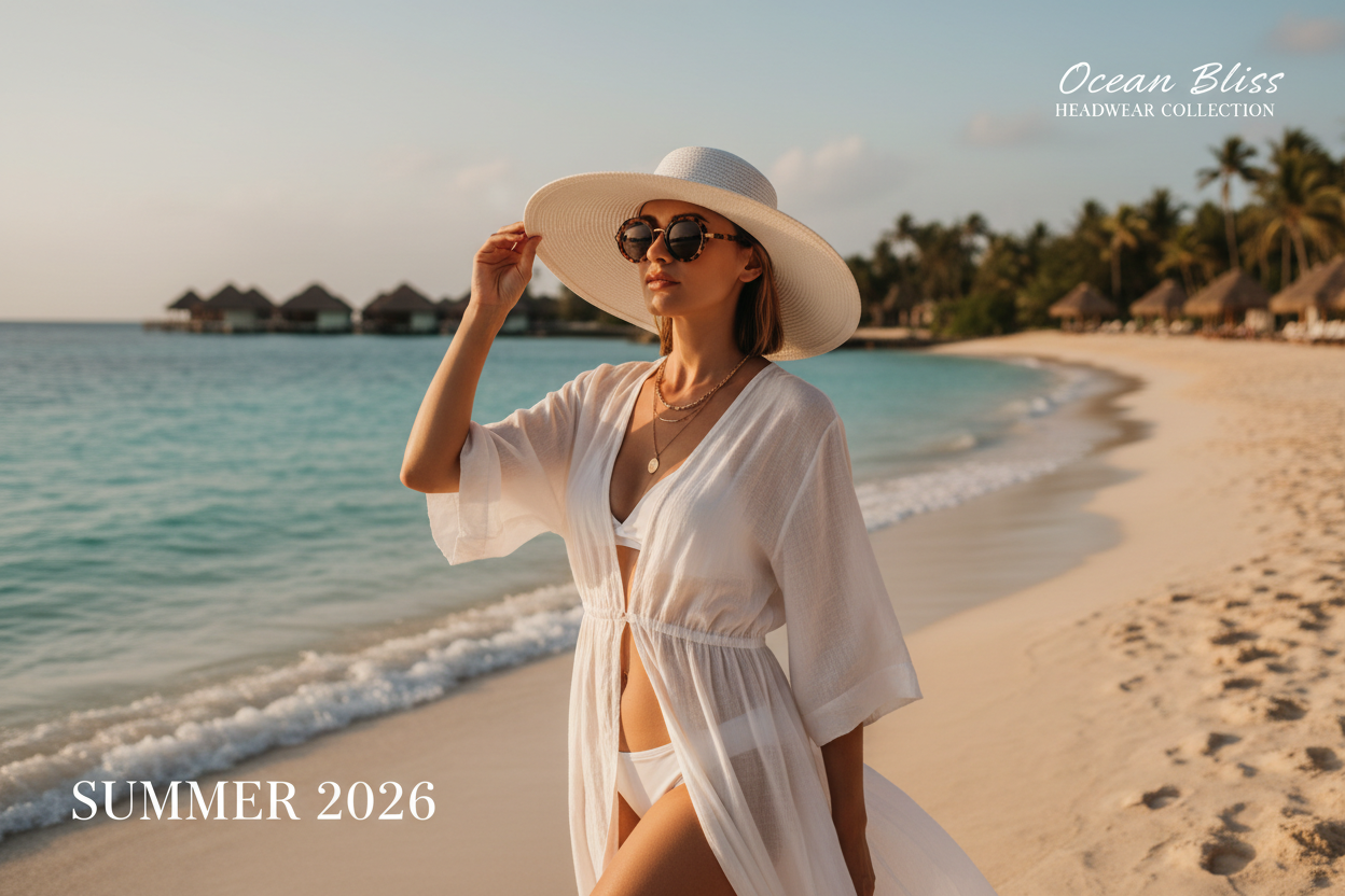 Women's beach headwear collection — stylish woman wearing a wide brim white sun hat and white cover-up on a tropical beach at golden hour