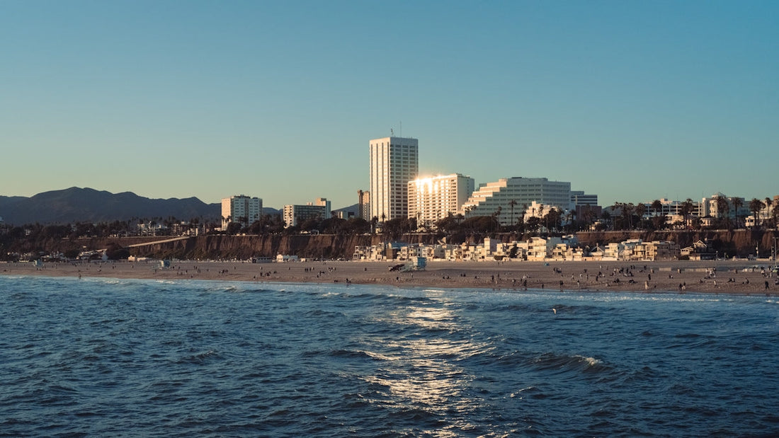 a beach with a city in the background