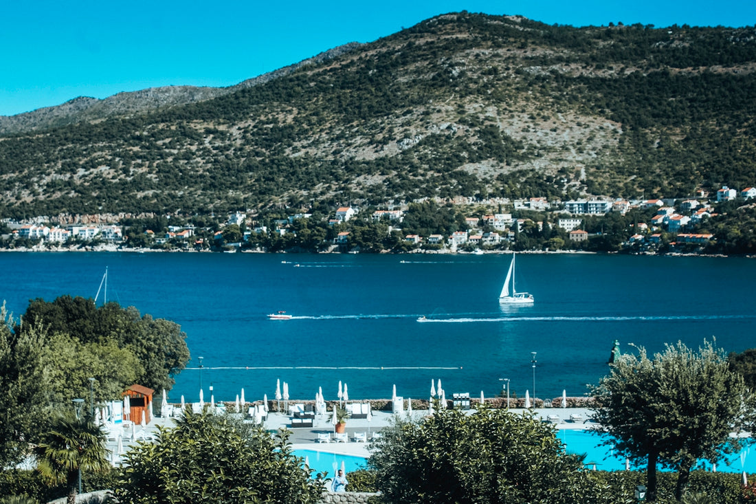 Sailboats on a blue bay with a coastal town.