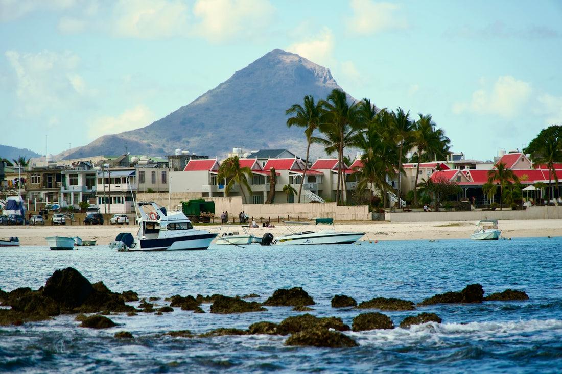 Boats near a tropical beach with a mountain backdrop.