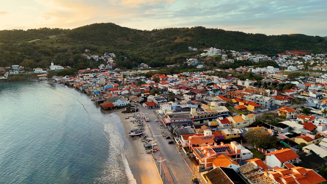 Coastal town with colorful buildings and a beach.