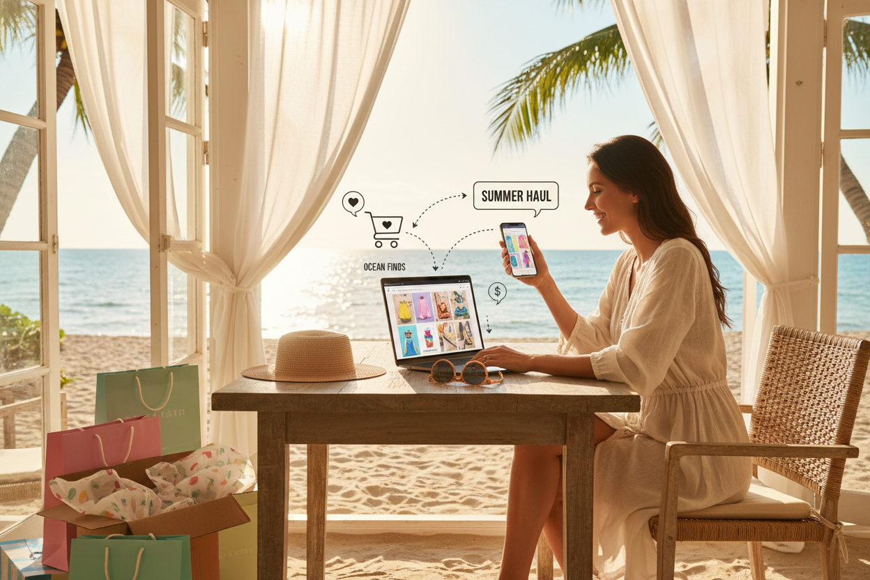 Woman shopping online at a bright coastal cafe surrounded by summer packages — shop Surfside Wear's beachwear collections with fast USA shipping