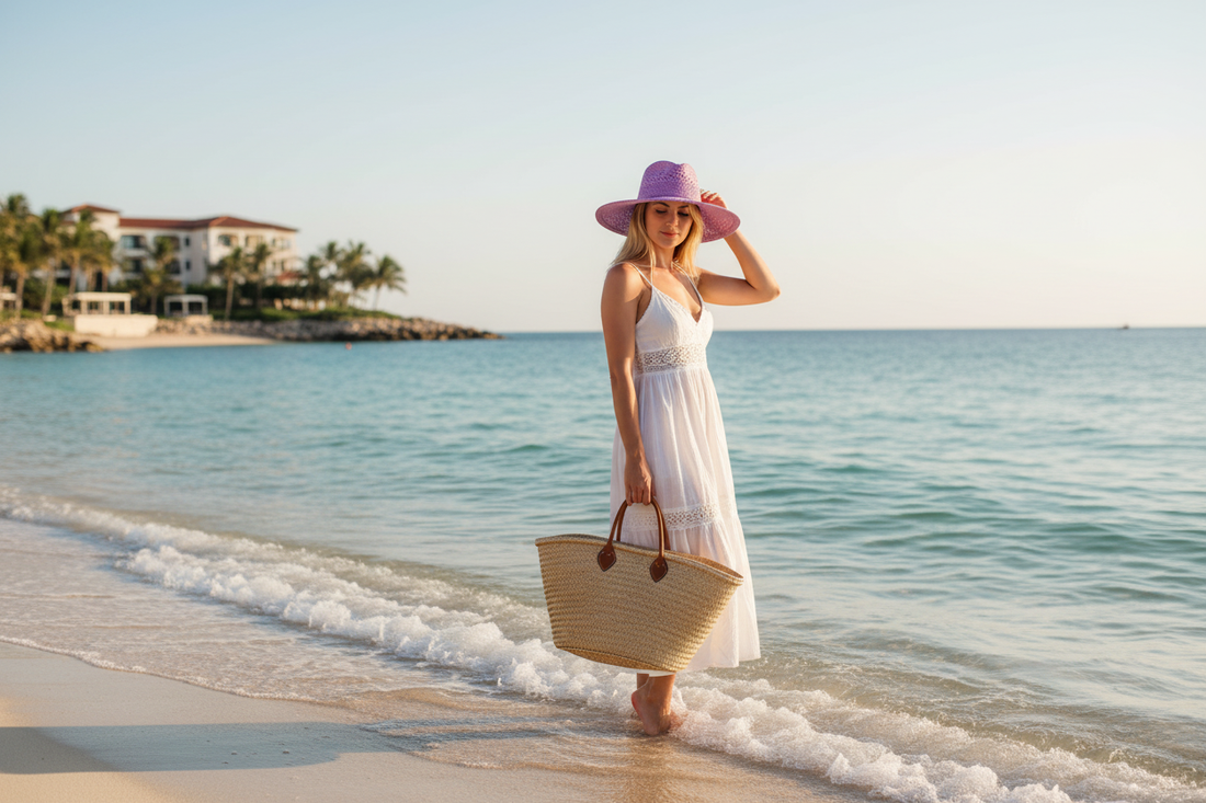 Woman wearing a wide brim purple straw braided sun hat at the beach, summer coastal lifestyle
