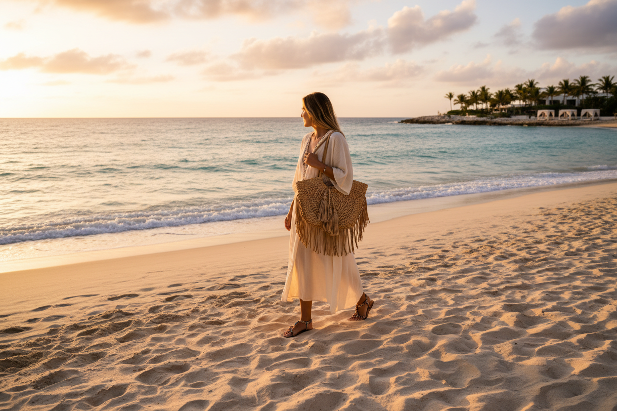 Women's boho braided straw beach tote bag — lightweight summer bags for beach, pool, and resort