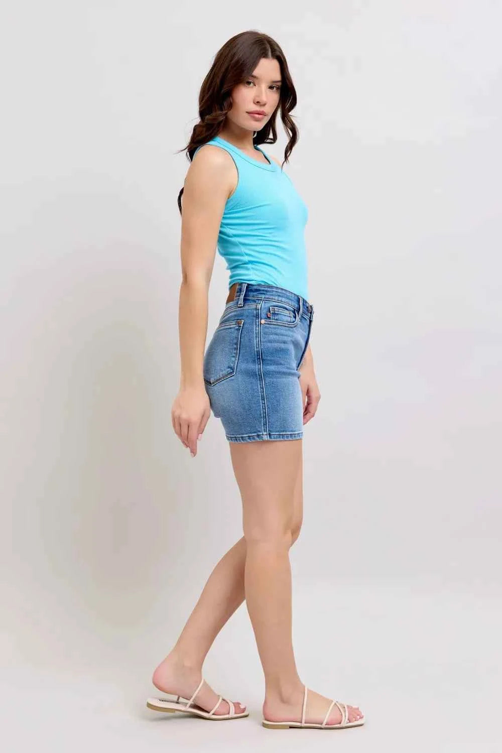 Women's Judy Blue 2-Button Denim Shorts with Pockets Medium Blue S-2XL