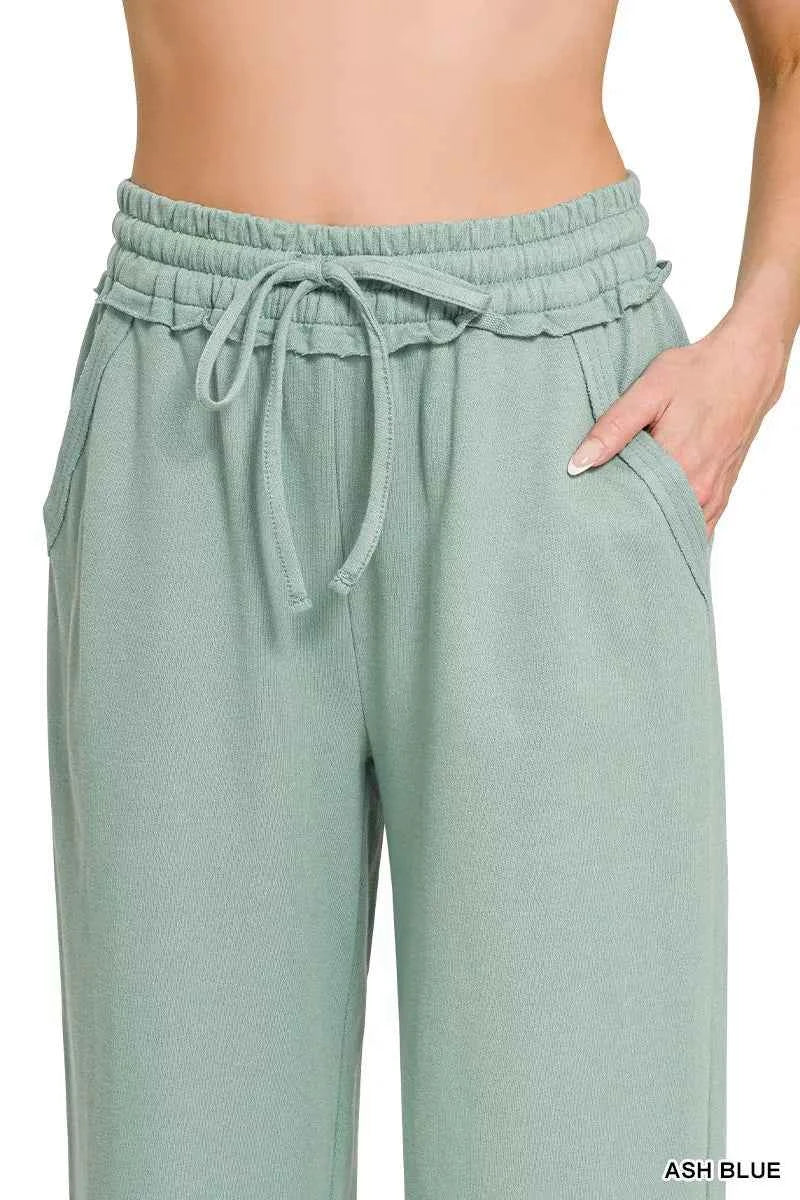 Zenana Women's French Terry Wide Leg Sweatpants Drawstring Ash Blue S-L