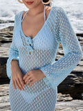 Women's Crochet Knit Maxi Cover-Up Dress Long Sleeve Light Blue S-L Light Blue Cover-Ups - Swimwear
