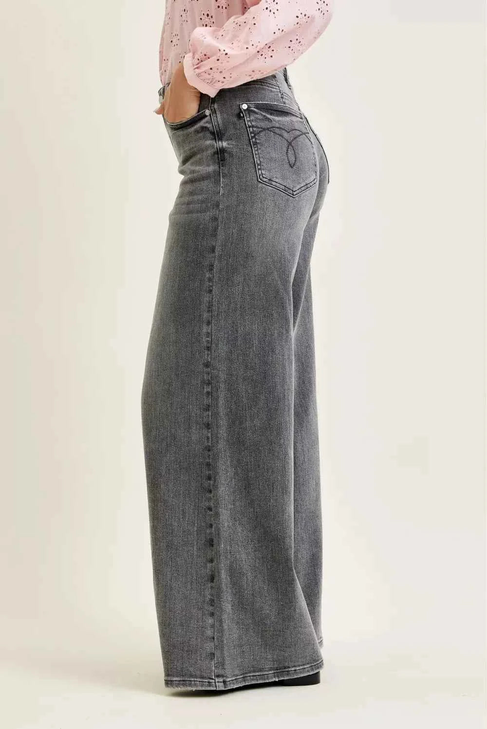 Women's Judy Blue Mid Rise Palazzo Wide Leg Pants Split Yoke Grey 0-15