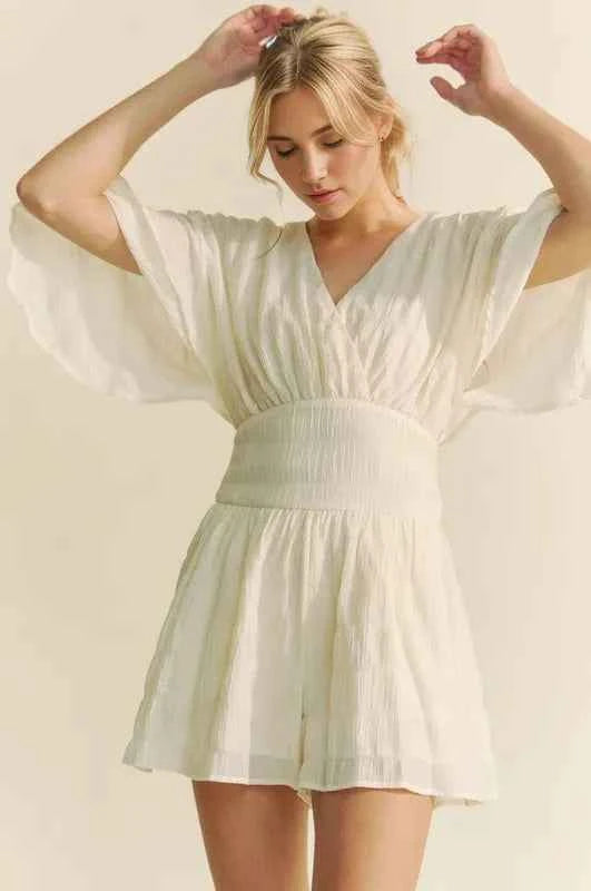 Davi & Dani Women's Batwing Sleeve Belted Romper Ruched Smocked Beach Cream L