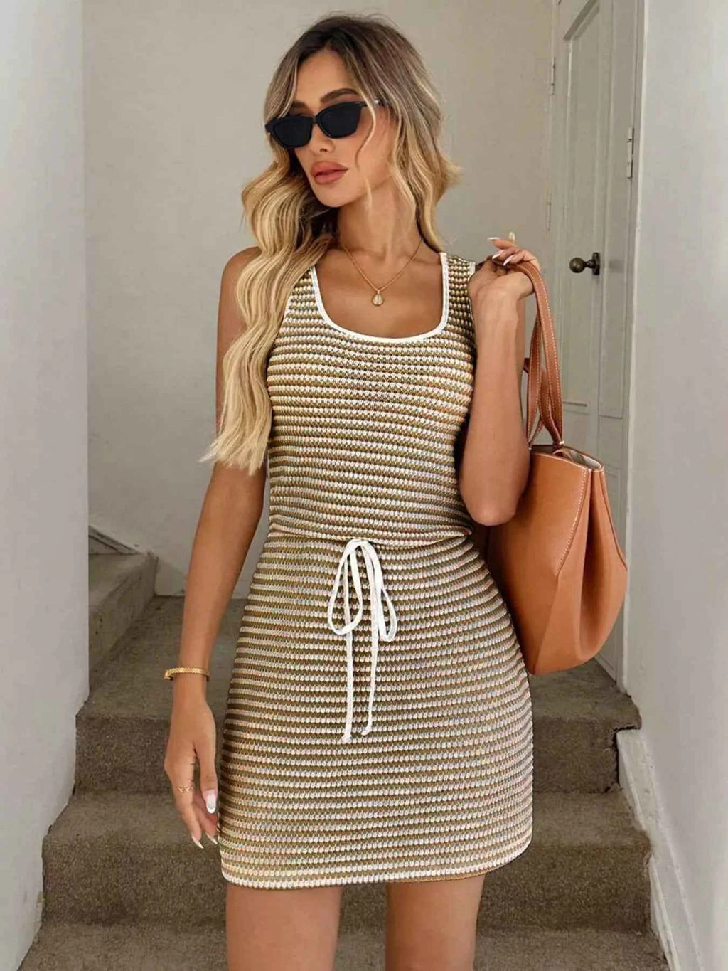 Striped Knitted Mini Dress with Drawstring