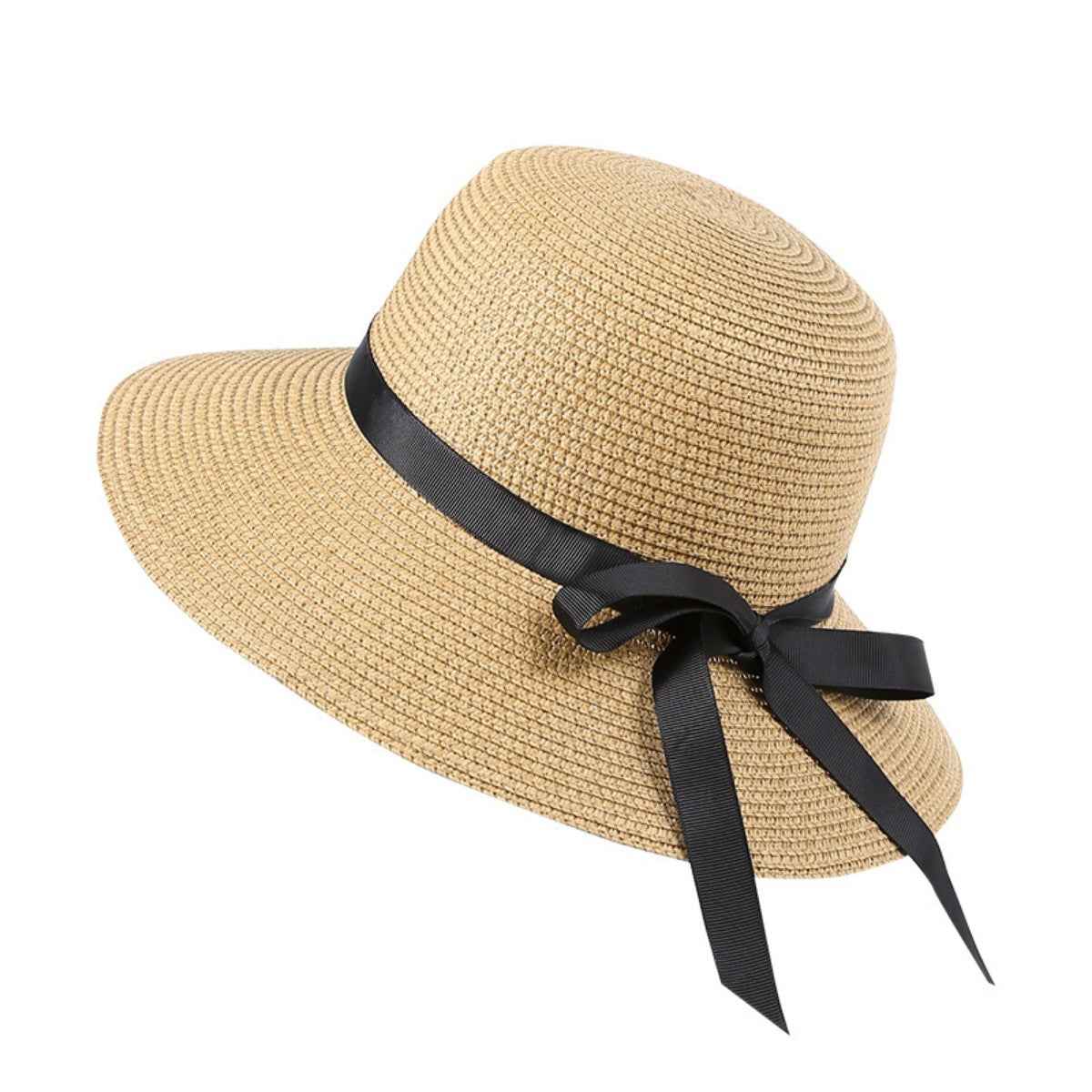 Women's Floppy Straw Sun Hat with Bow Detail Beach Resort Khaki Beige One Size