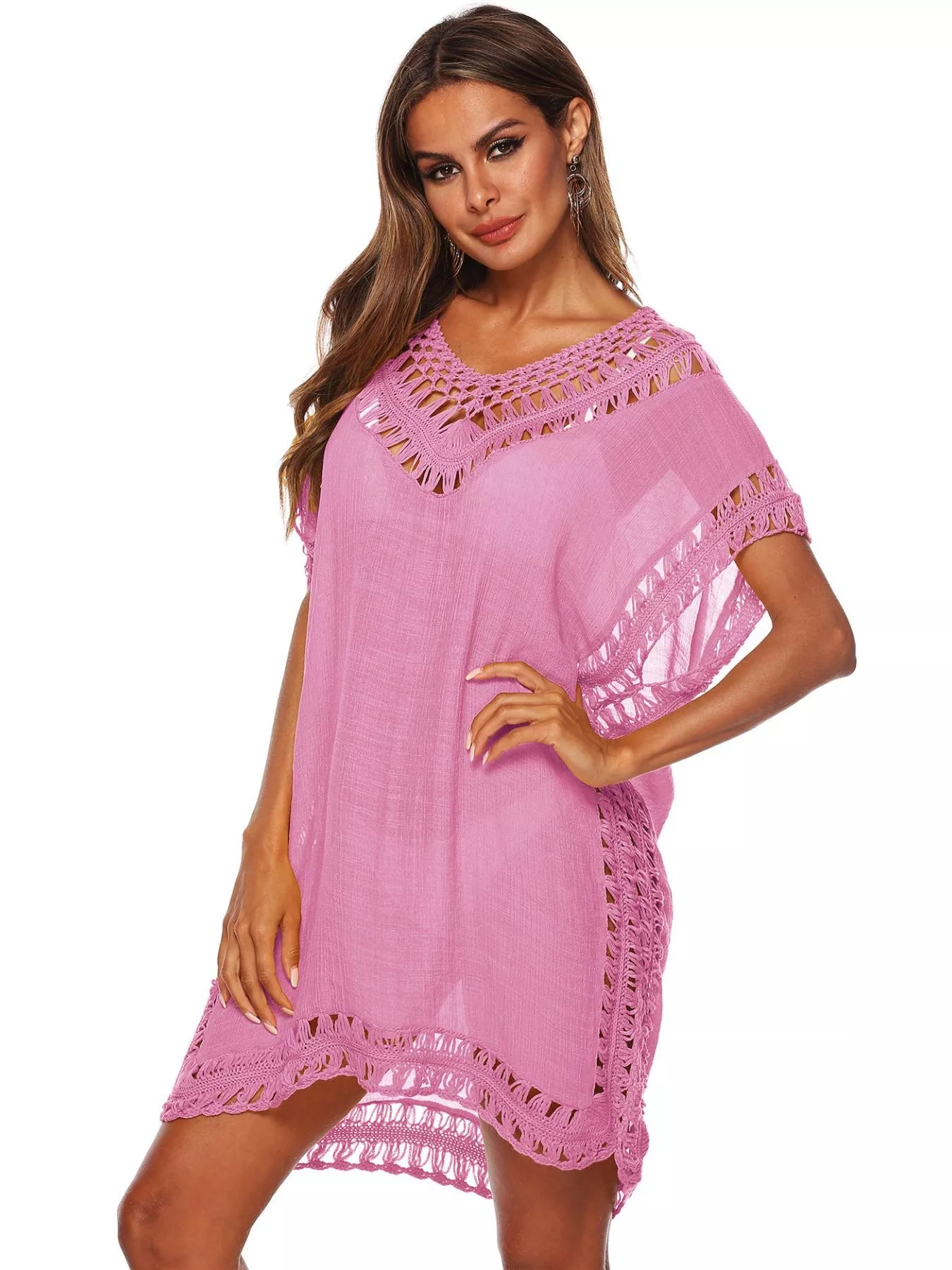 Crochet Trim Cutout V-Neck Cover-Up Dress Pink One Size