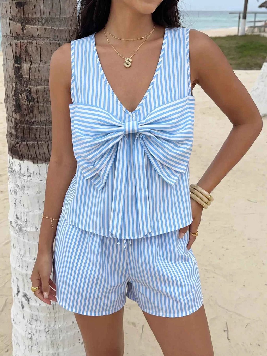 Striped Bowknot Sleeveless Top & Shorts Set