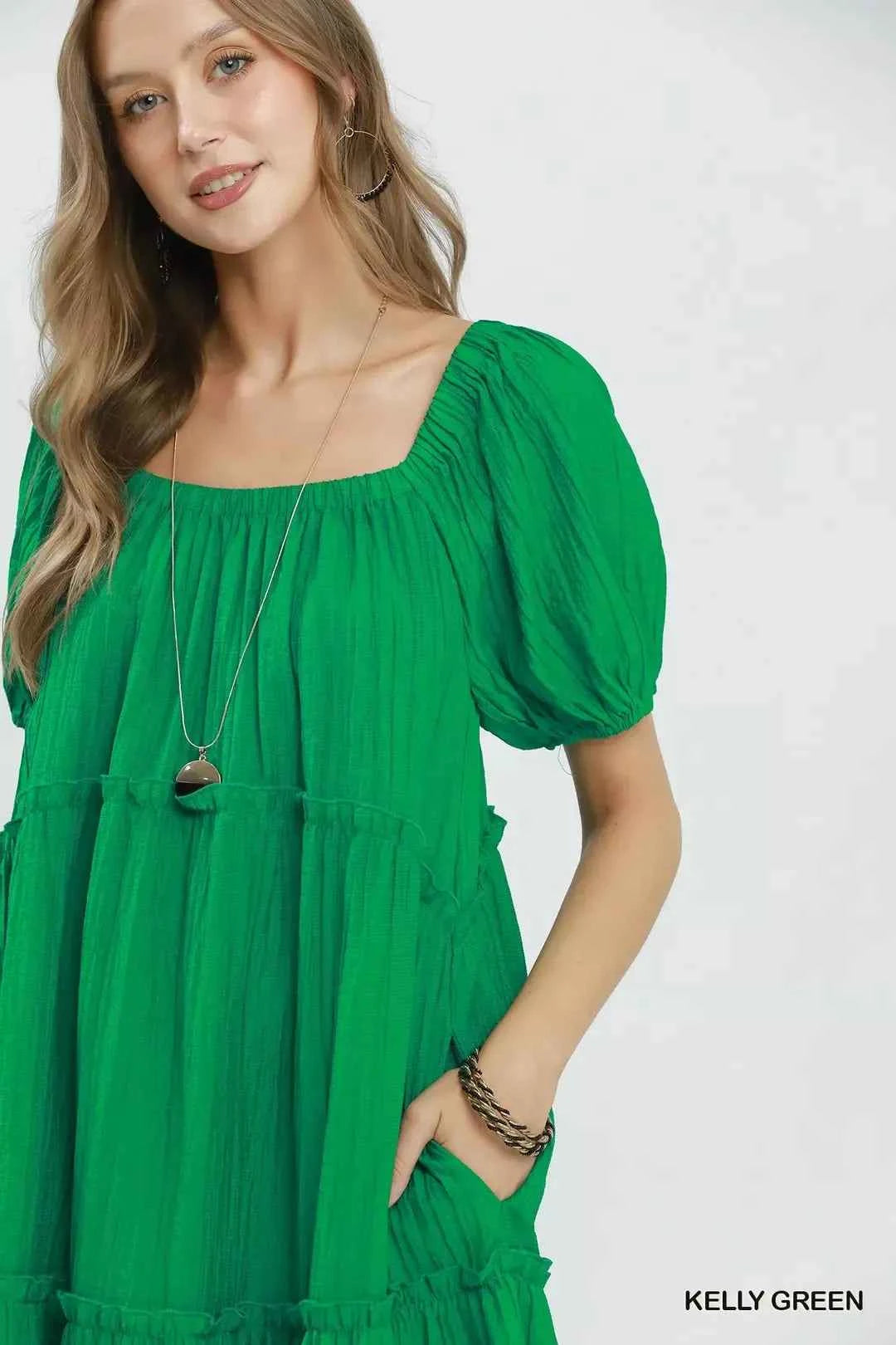Women's Umgee Textured Tiered Midi Dress Puff Sleeve Square Neck Kelly Green S-L
