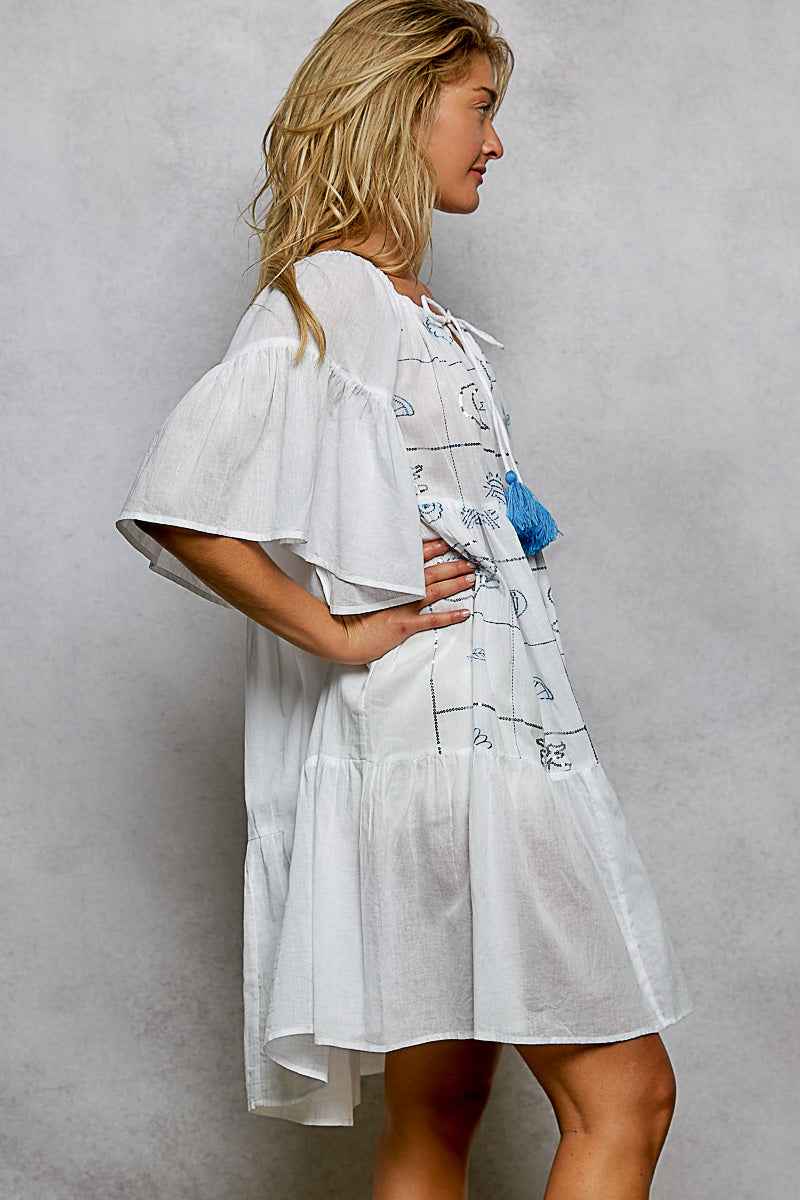 Women's Embroidered Tassel Mini Dress Square Neck Ruffle Sleeve Ivory S-M
