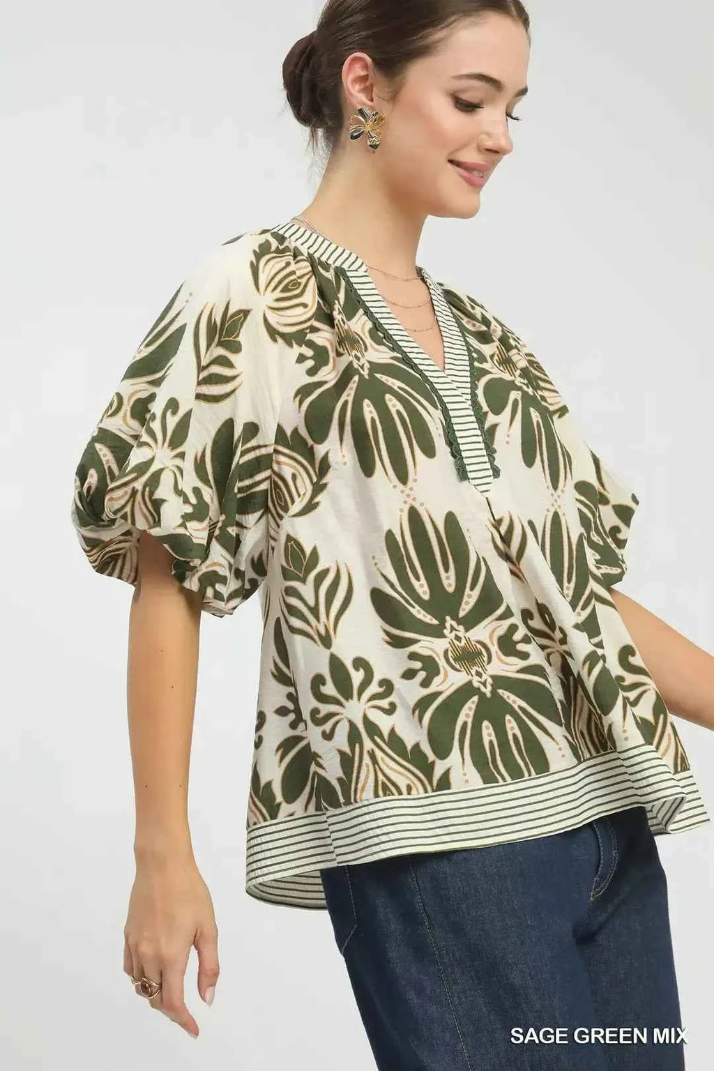 Women's Umgee Mixed Print Puff Sleeve Top Contrast Trim Sage Green S-L