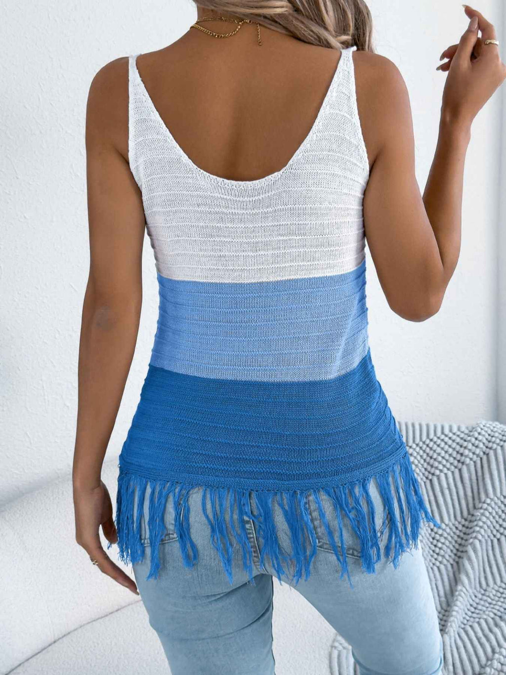 Women's Color Block Fringe Hem Knit Cami Sleeveless Top Multi Colors S-XL