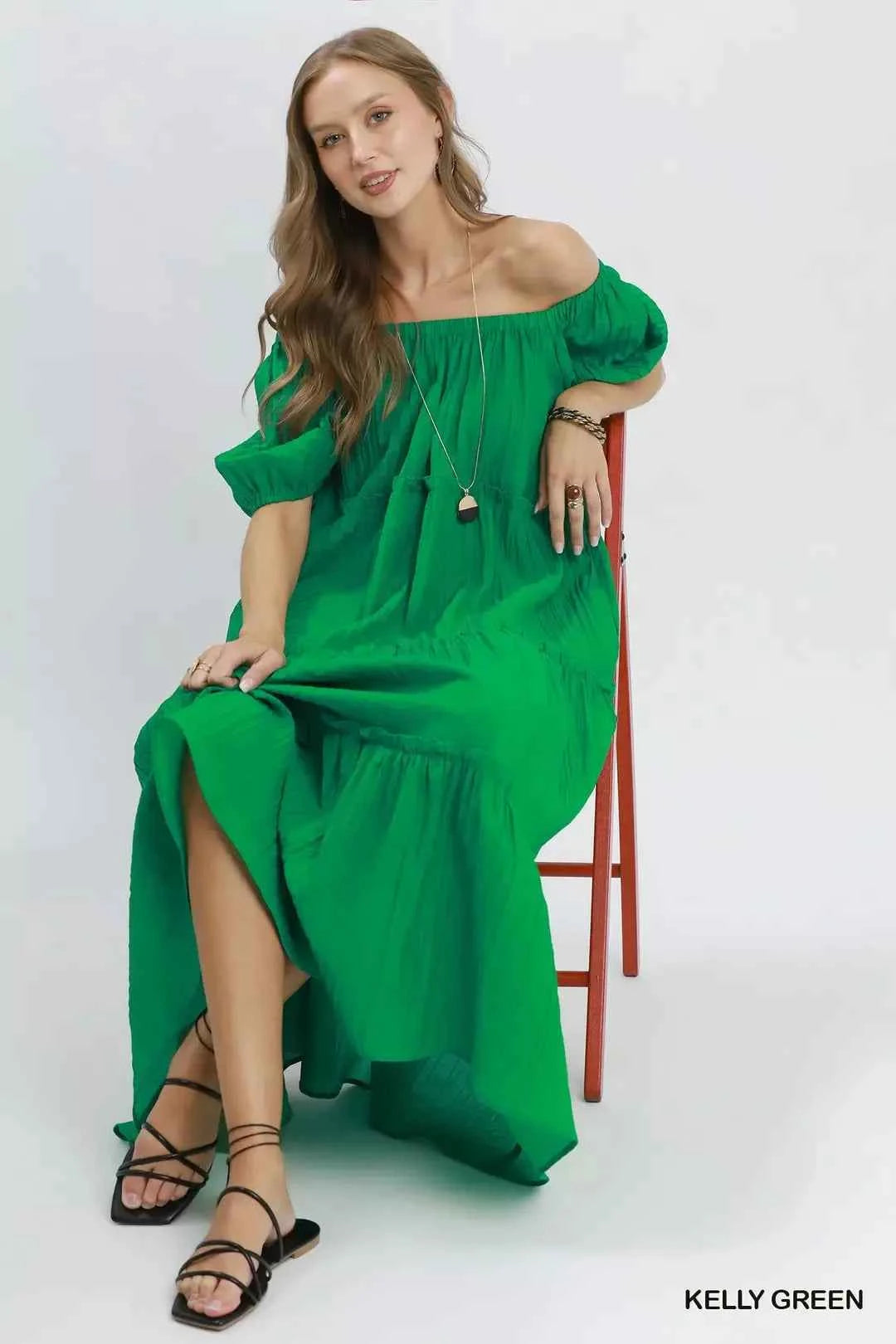 Women's Umgee Textured Tiered Midi Dress Puff Sleeve Square Neck Kelly Green S-L