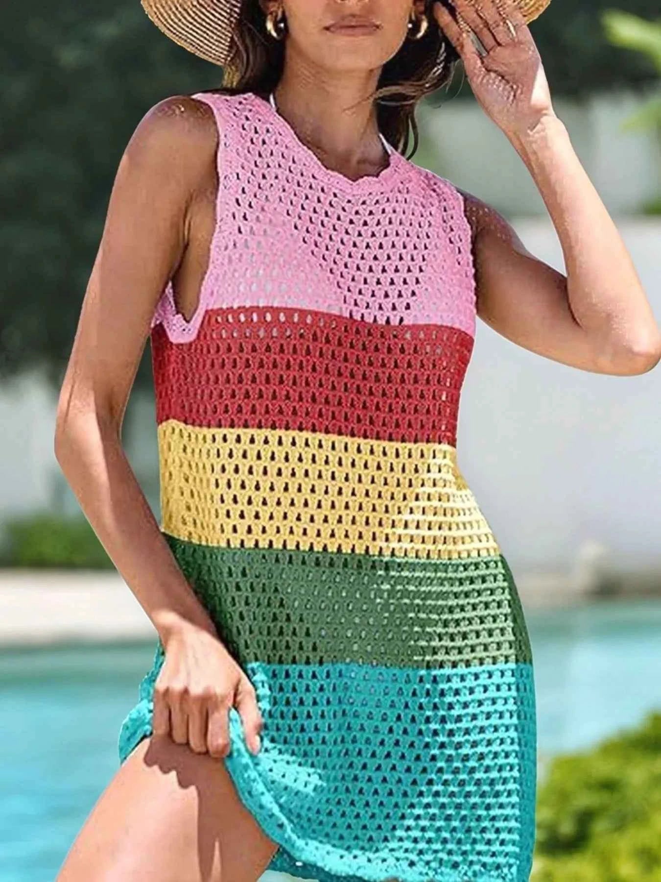 Women's Color Block Openwork Sleeveless Cutout Back Cover-Up Multi S-2XL