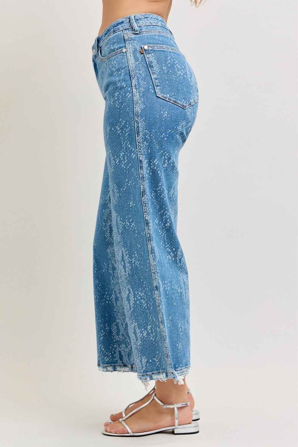 Judy Blue Women's High Rise Ankle Wide Leg Jeans Raw Hem Print 0-15