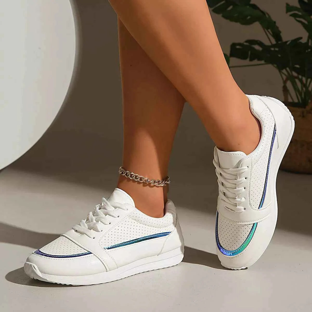 Women's Round Toe Lace-Up Casual Sneakers Boho Coastal Gold Green US 5-11 Green