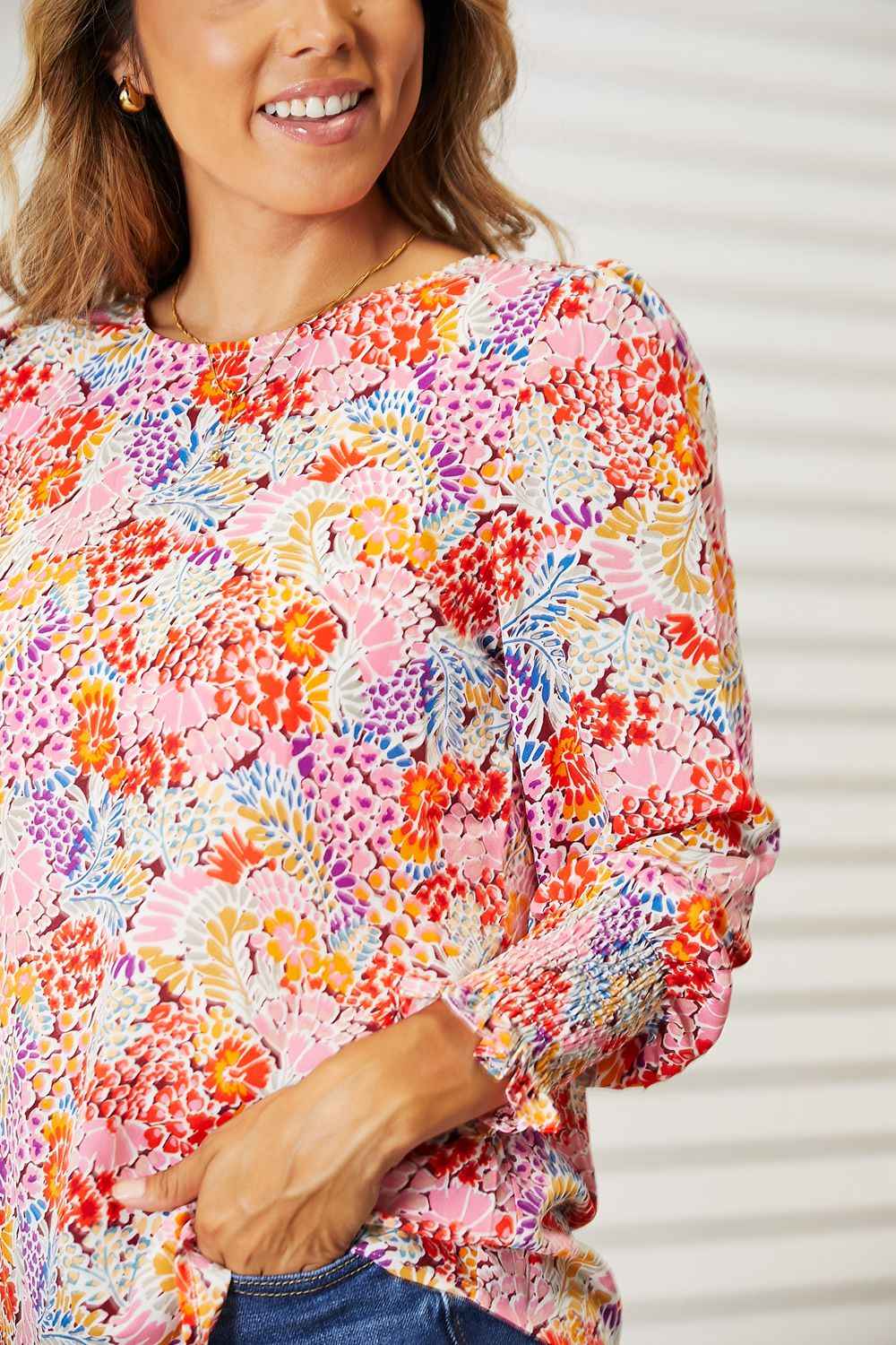 Double Take Women's Floral Print Long Puff Sleeve Blouse Opaque S-XL