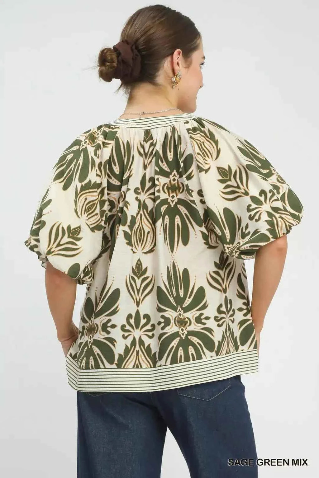Women's Umgee Mixed Print Puff Sleeve Top Contrast Trim Sage Green S-L
