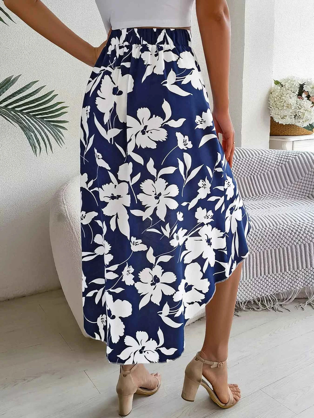 Floral Print Ruffle Hem Asymmetrical Skirt