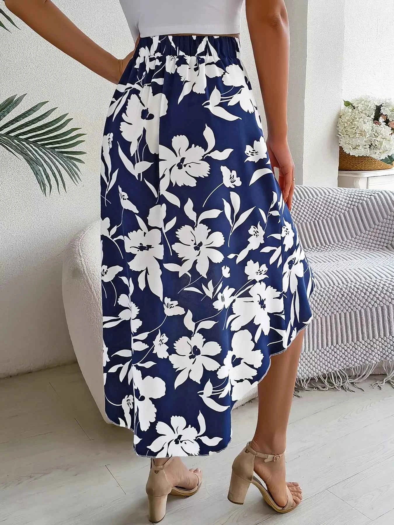 Floral Print Ruffle Hem Asymmetrical Skirt