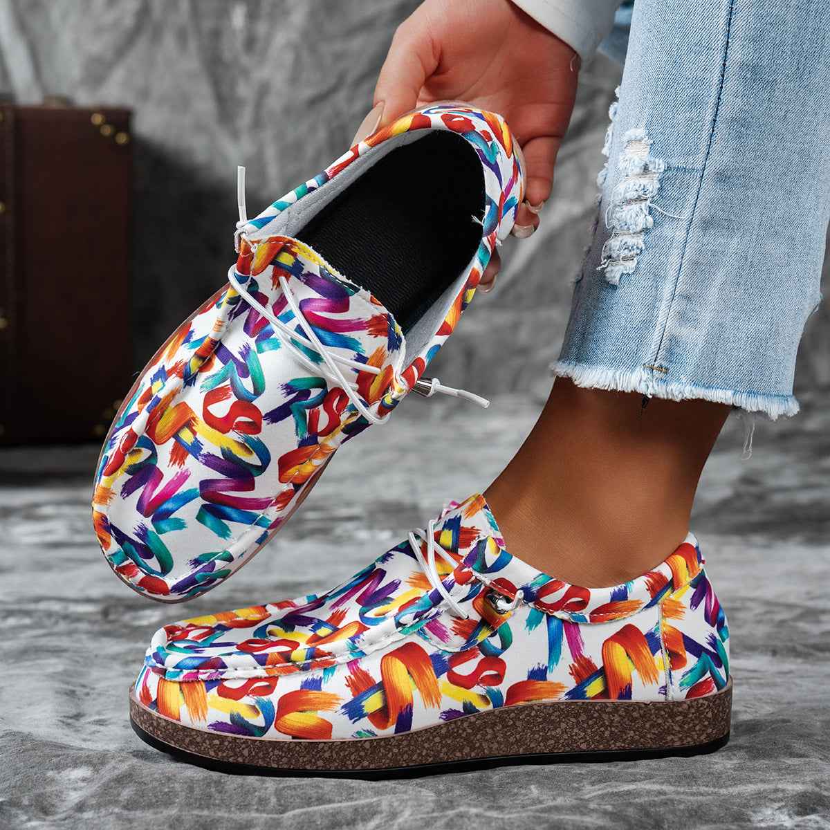 Women's Colorful Abstract Print Slip-On Flat Loafers Multi Colors US 5-11 Gray white