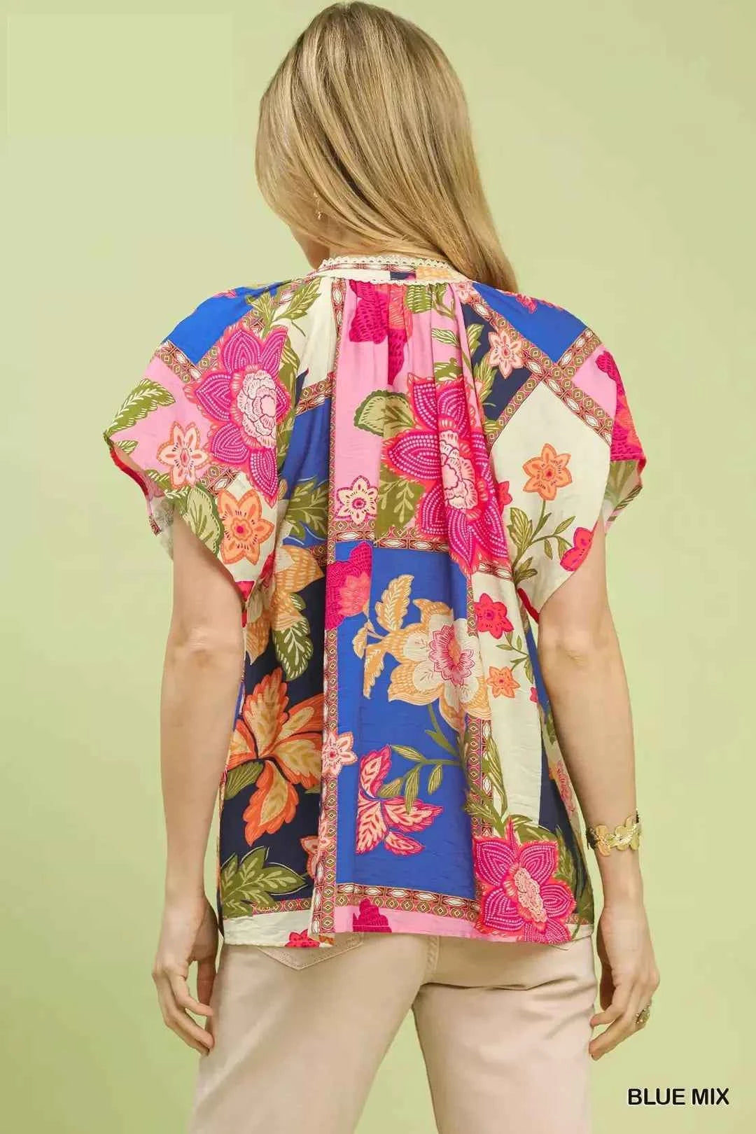 Umgee Women's Floral Patchwork Tassel Tie Top Lace Trim Blue Mix S-L