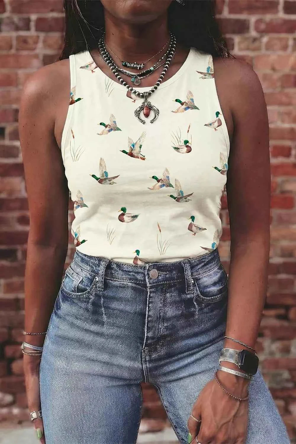 Mallard Print Western Style Tank Top Cream