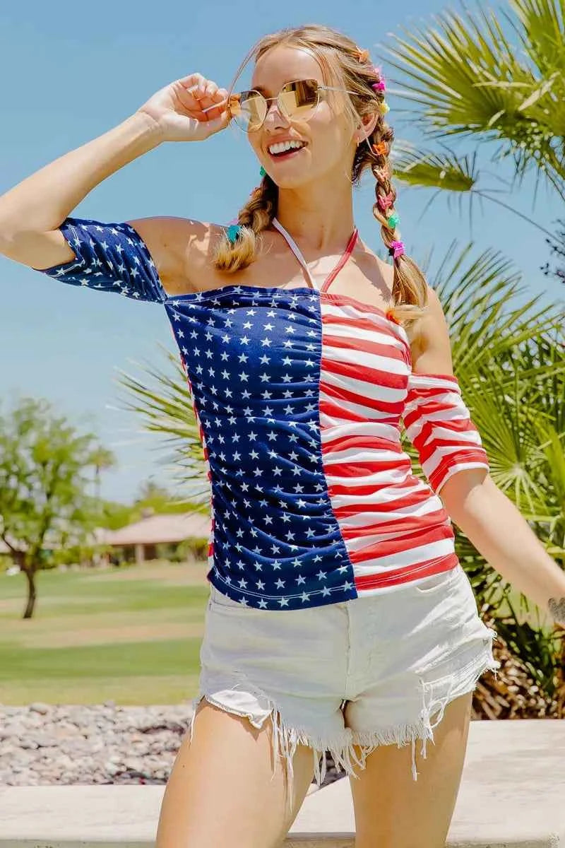 BiBi Women's Patriotic American Flag Off Shoulder Ruched Tied Cutout Top Red S-L