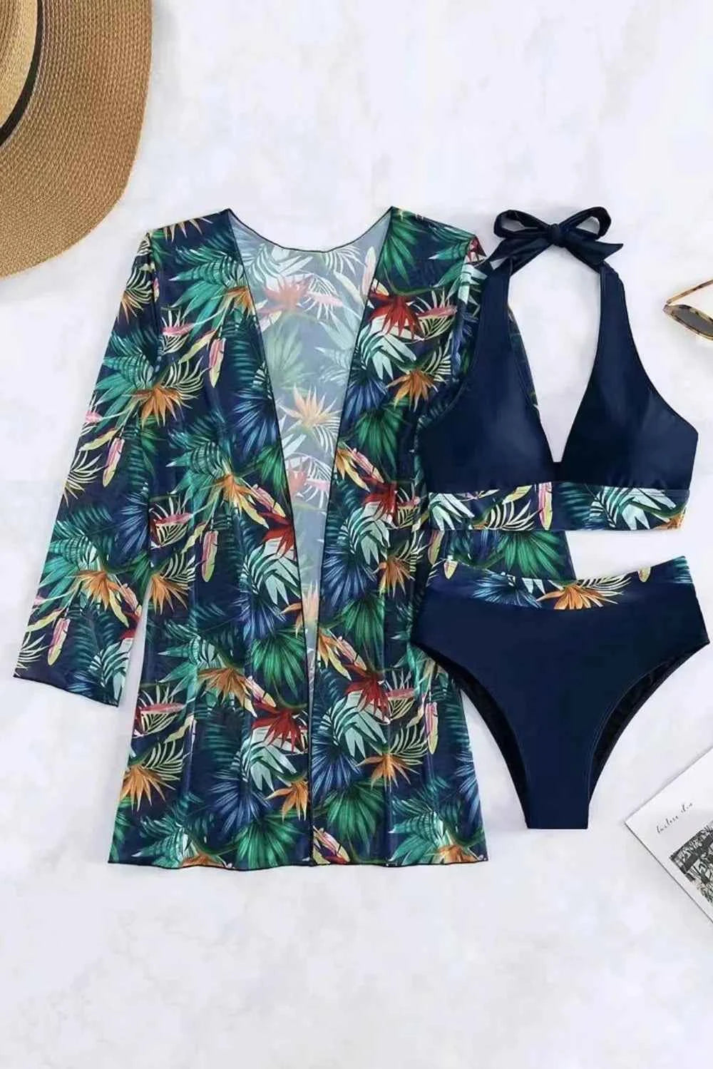 Women's Printed Halter Neck Tied Three-Piece Bikini Swim Set Multi Colors S-XL Black
