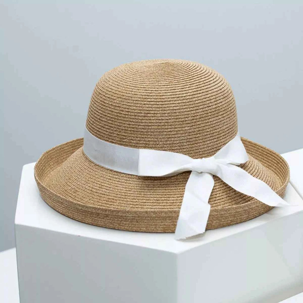 Women's Wide Brim Woven Straw Sun Hat Ribbon Accent Beach Resort Multi One Size Ivory White One Size