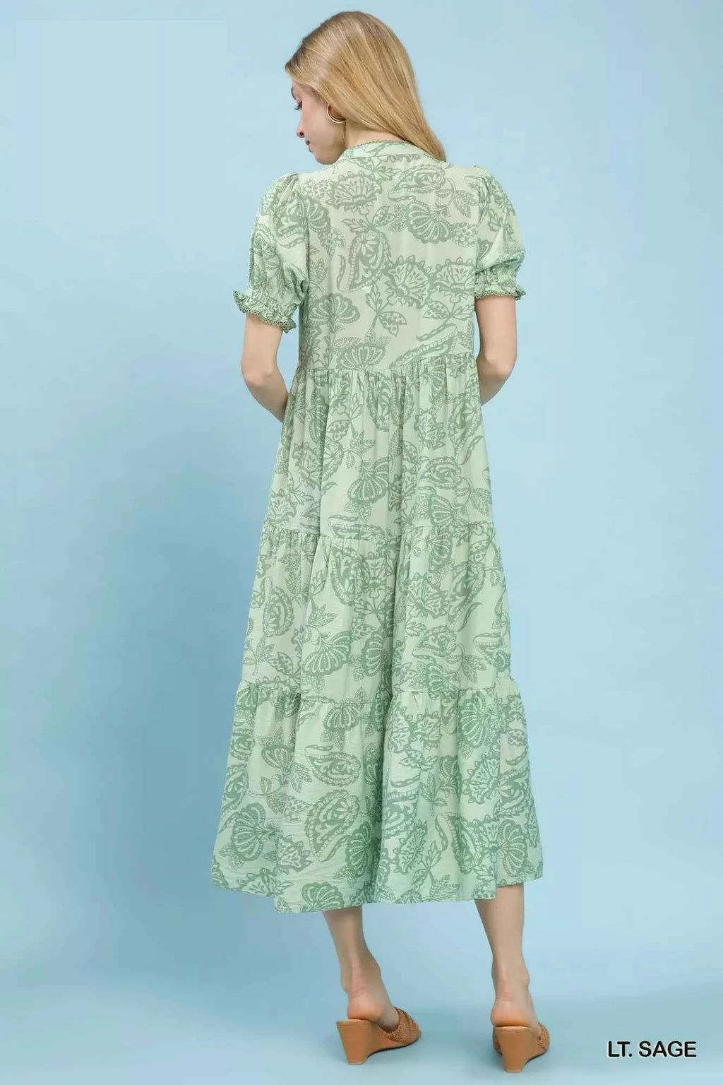 Umgee Women's Paisley Print Boho Tiered Midi Dress Pockets Light Sage S-L