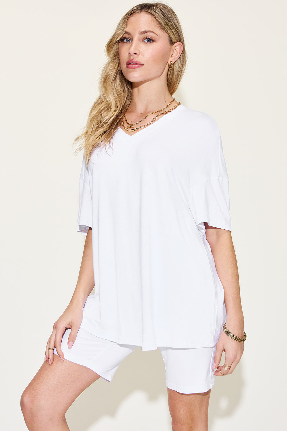 Basic Bae Women's V-Neck Drop Shoulder T-Shirt Shorts Set S-3XL White