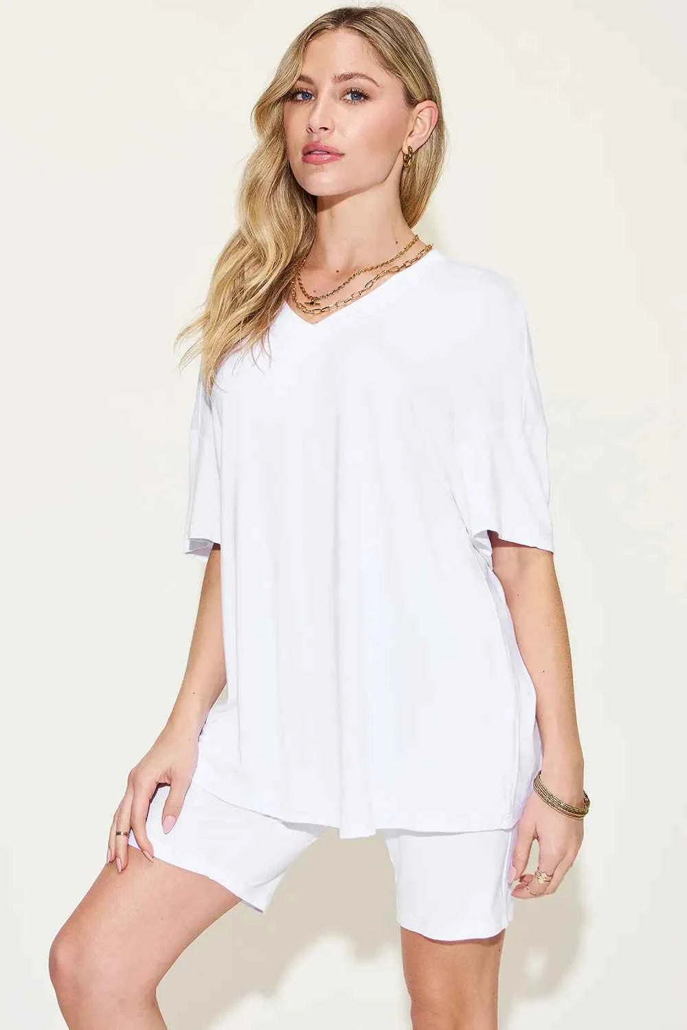 Basic Bae Women's V-Neck Drop Shoulder T-Shirt Shorts Set S-3XL White