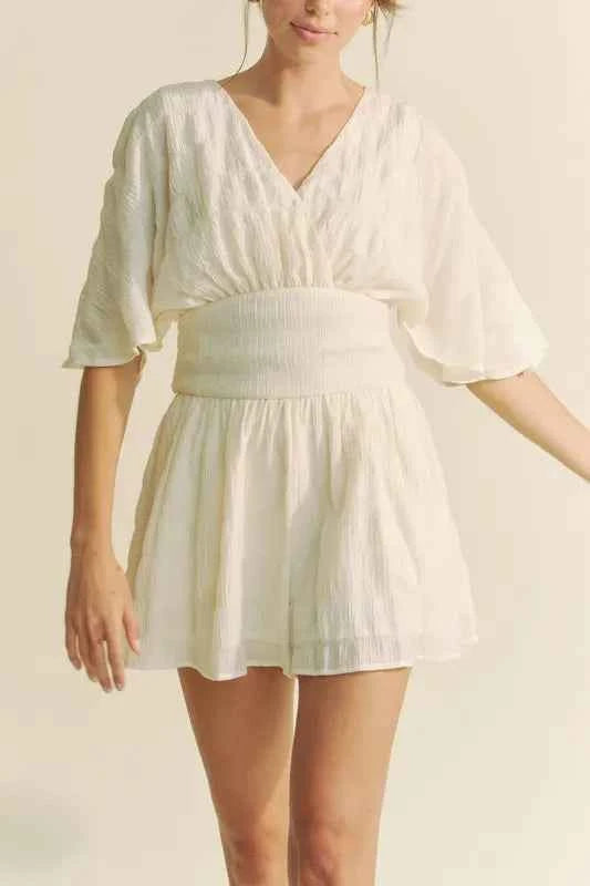 Davi & Dani Women's Batwing Sleeve Belted Romper Ruched Smocked Beach Cream L