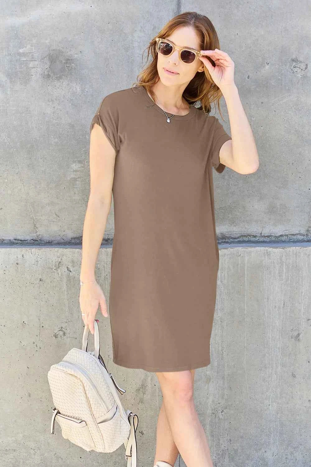 Basic Bae Women's Round Neck Short Sleeve Midi Dress Pockets Multi ColorsS-3XL