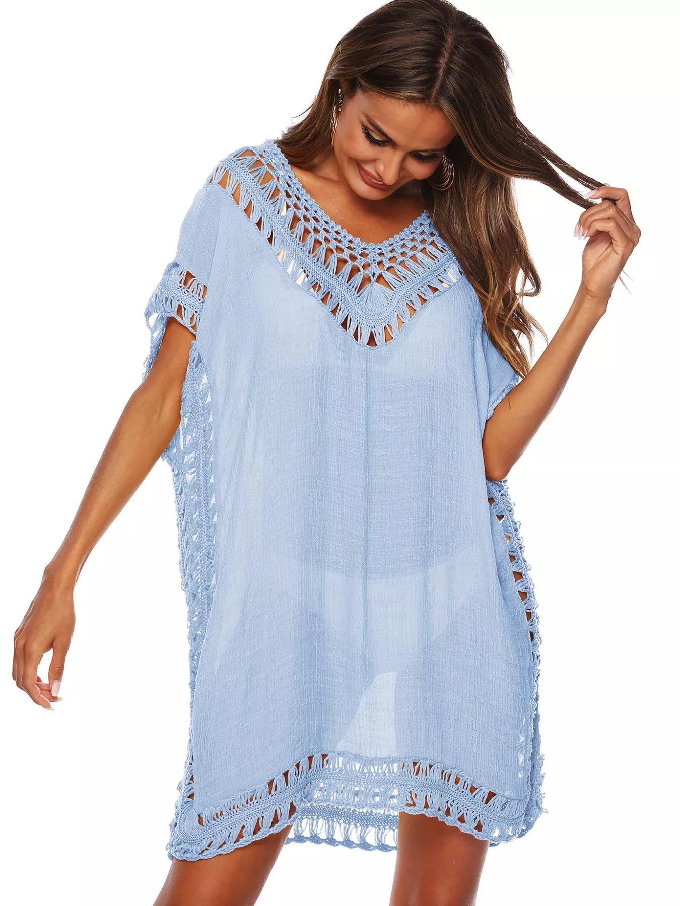 Crochet Trim Cutout V-Neck Cover-Up Dress Sky Blue One Size