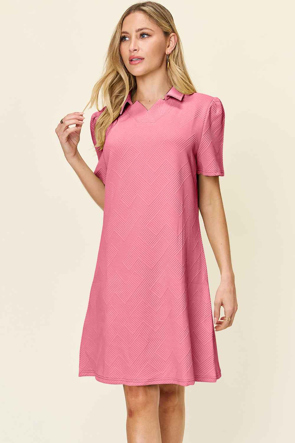 Double Take Women's Texture Collared Neck Short Sleeve Dress S-3XL Pink
