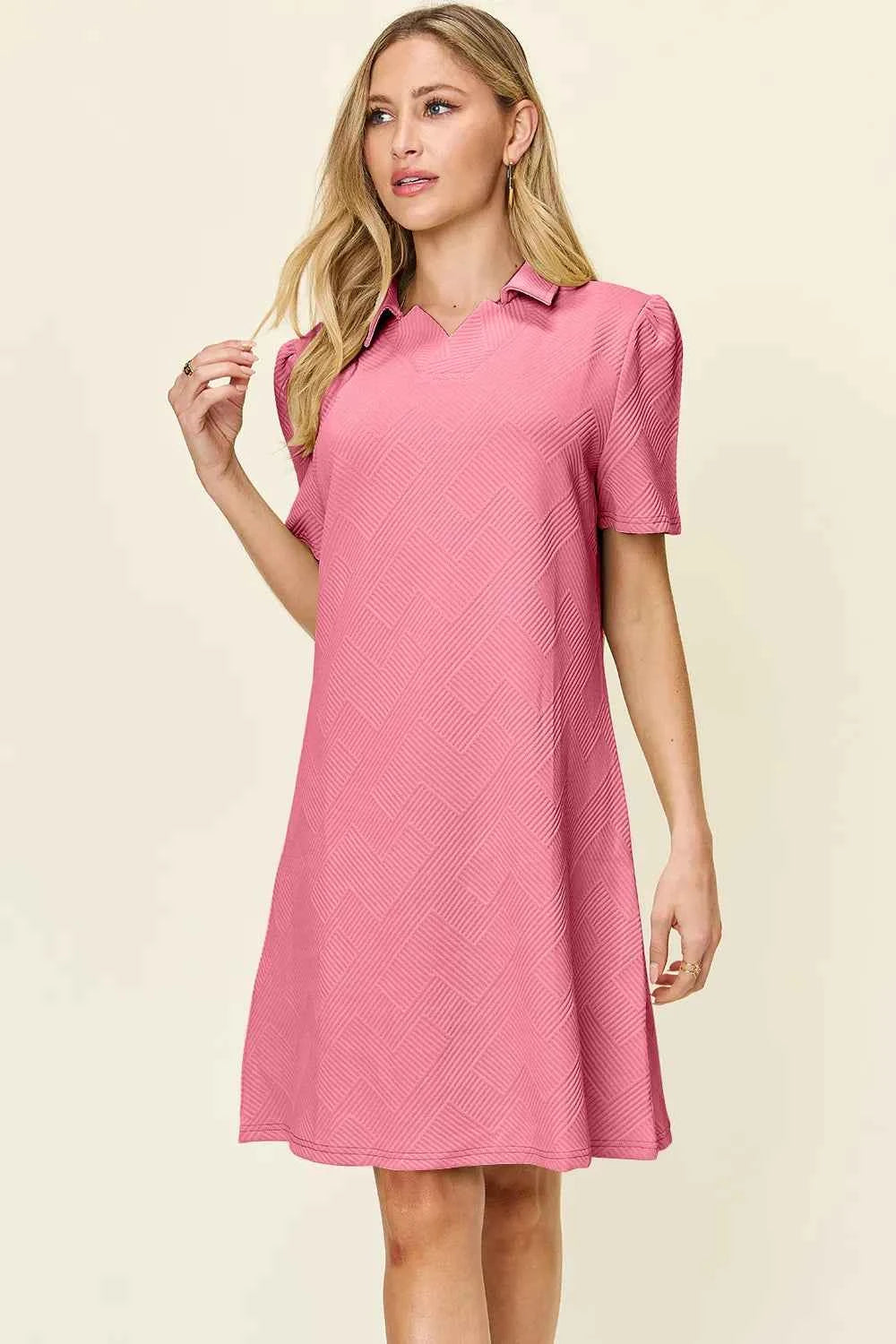 Women's Double Take Texture Collared Neck Short Sleeve Dress Multi Colors S-3XL
