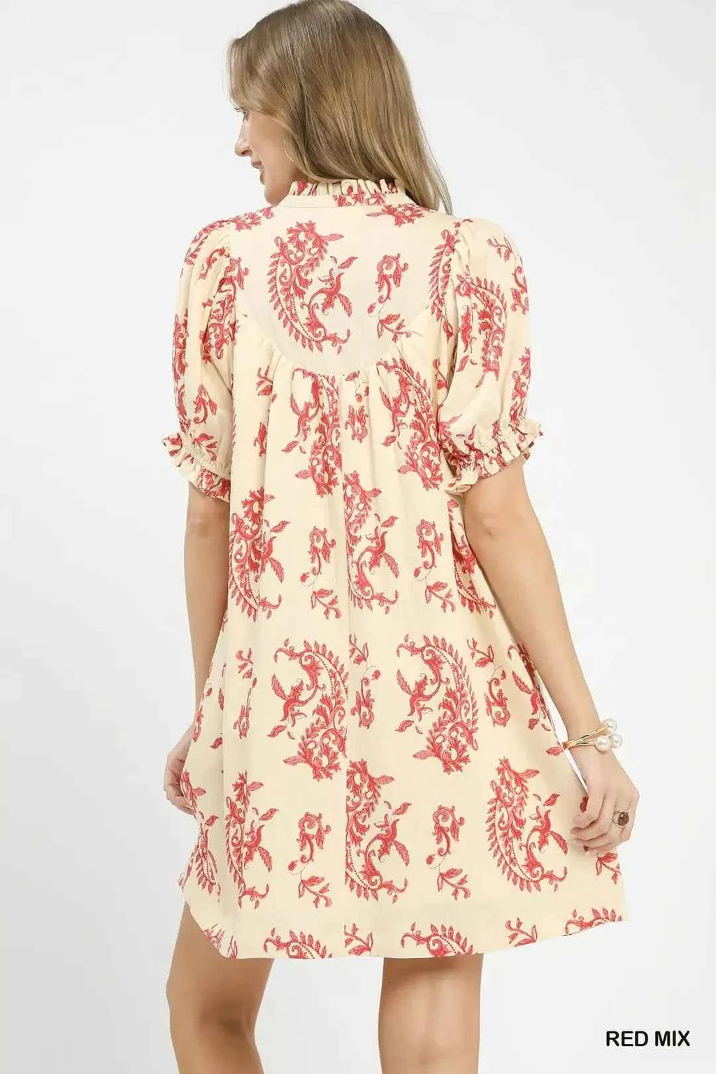 Women's Umgee Paisley Scallop Trim V-Neck Dress Lace Detail Red Beige Mix S-L