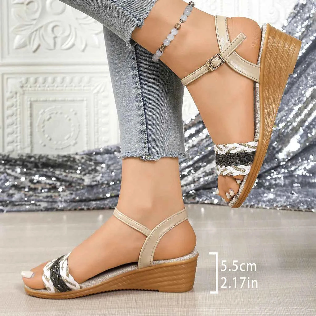 Women's Ankle Strap Low Wedge Sandals Open Toe Boho Multi US 5-11