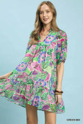 Women's Abstract Print Baby Doll Dress V-Neck Puff Sleeve Green Mix S GREEN MIX S
