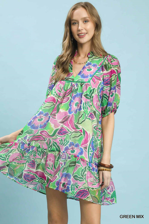 Women's Abstract Print Baby Doll Dress V-Neck Puff Sleeve Green Mix S GREEN MIX S Casual Dresses