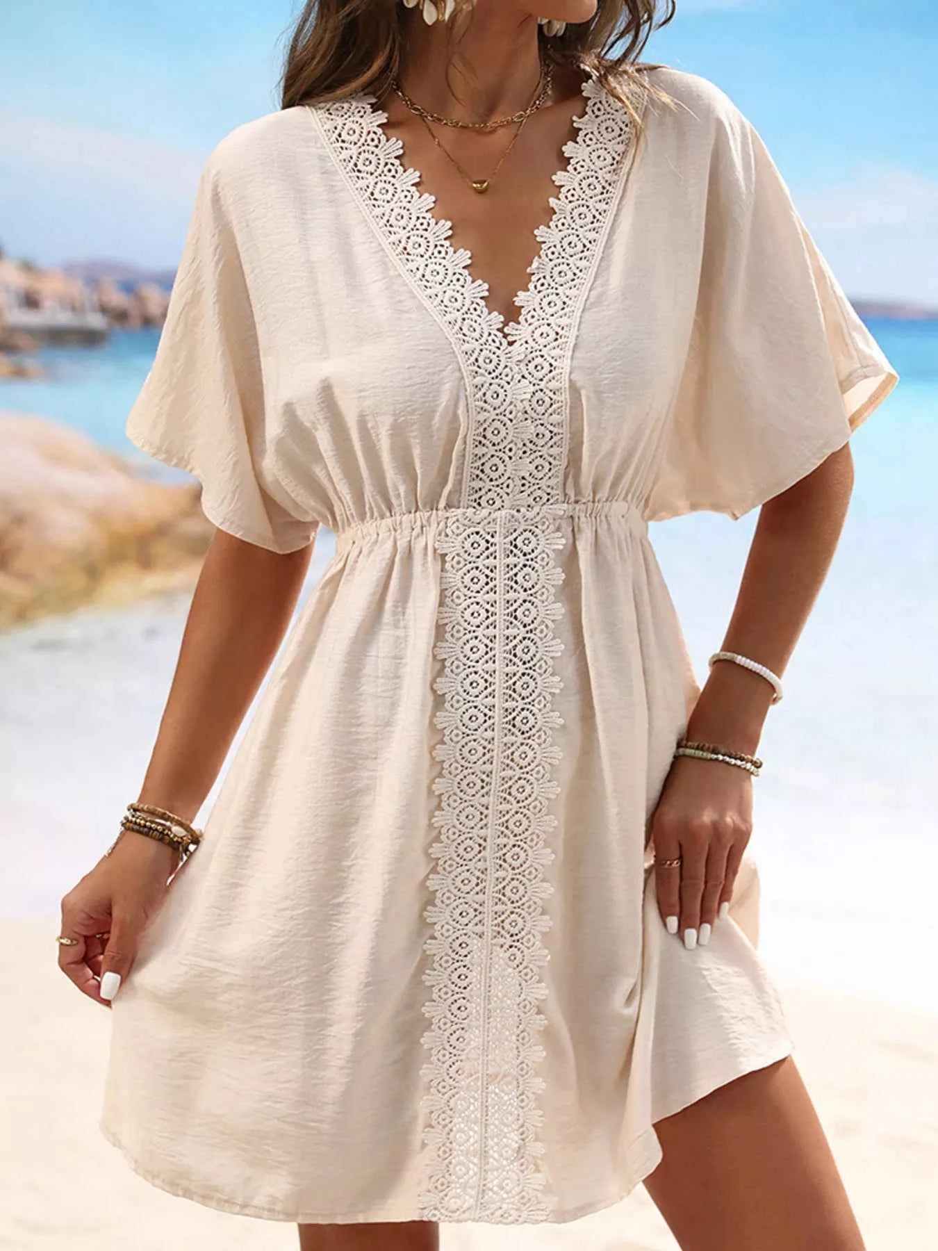 Women's Lace Trim V-Neck Short Sleeve Beach Cover-Up Dress Multi Colors S-L Tan