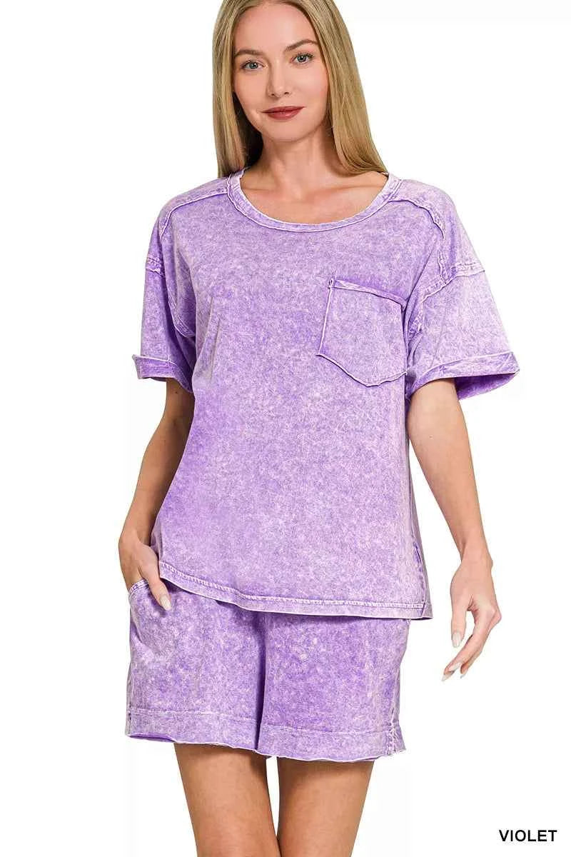 Women's Zenana Halo Snow Washed Two-Piece Shorts Set Raw Seam Cotton Violet S-L VIOLET