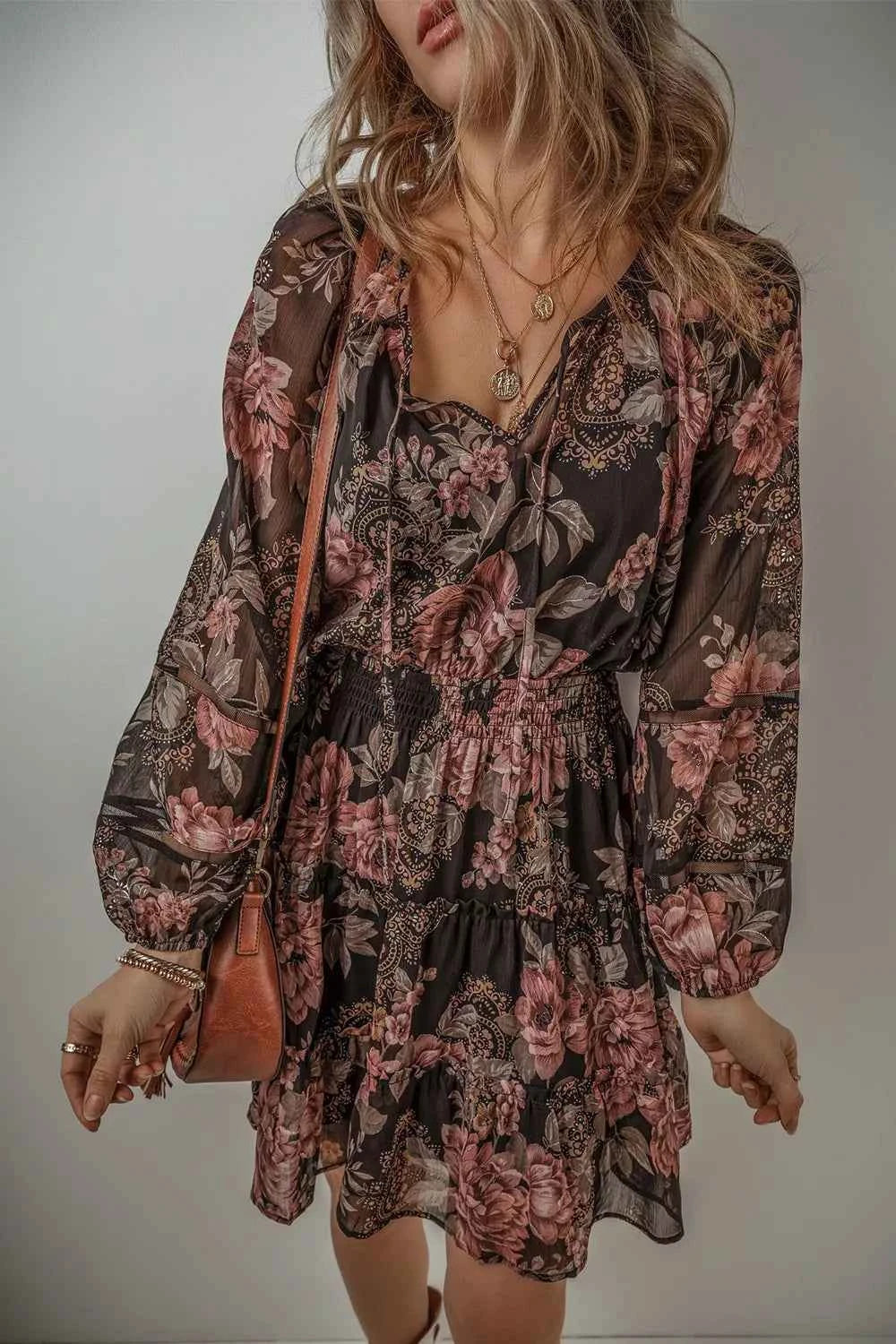Floral Print Tie Neck Mini Dress